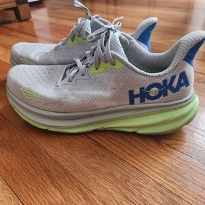 Hoka Clifton 9  Gray and Neon Green Running Shoes